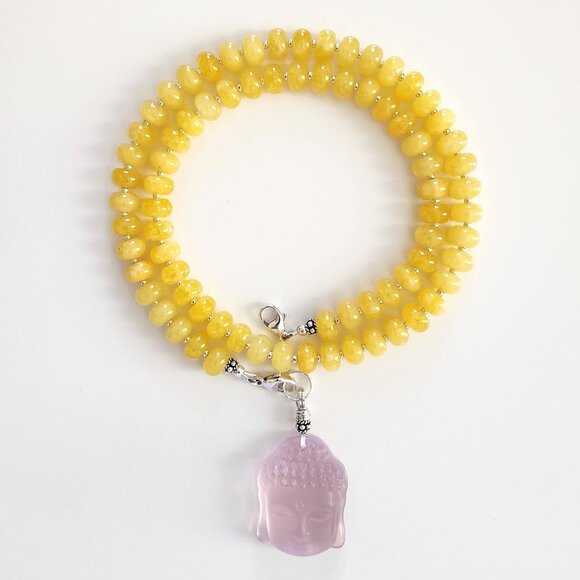 YELLOW JADE NECKLACE W/ PINK BUDDHA PENDANT--20" - Picture 5 of 7